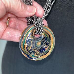 N256 Ralph Lauren Murano Glass Pendant 2” on Multistrand Beaded Necklace 32”